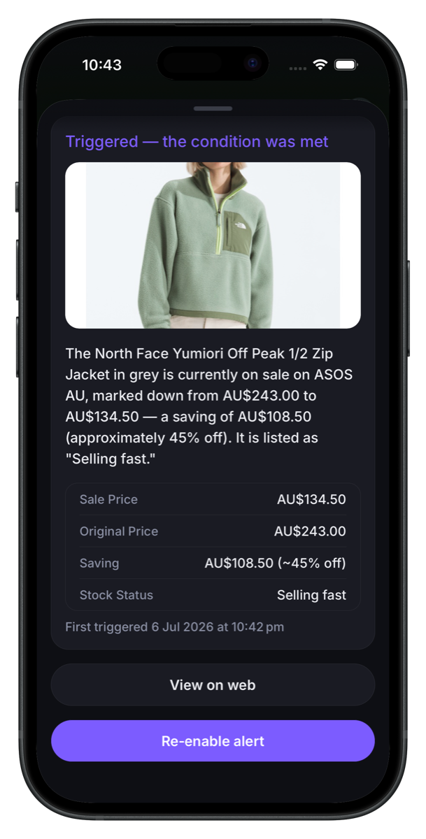 exeye app — a triggered Smart Alert showing a jacket at 45% off