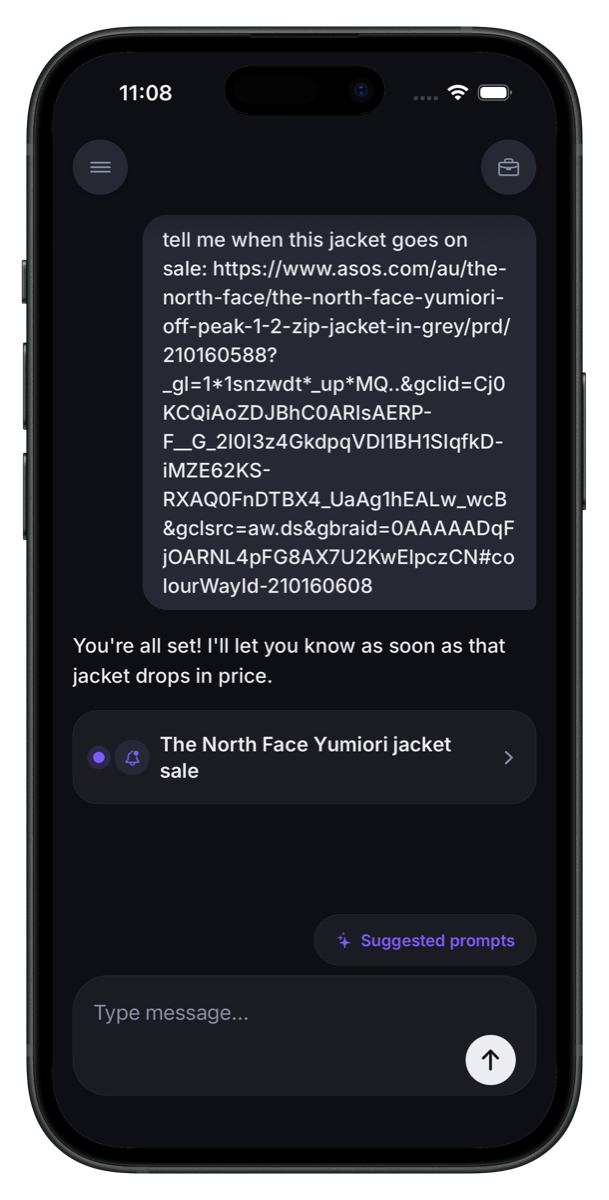 exeye app — arming a Smart Alert from a single chat message